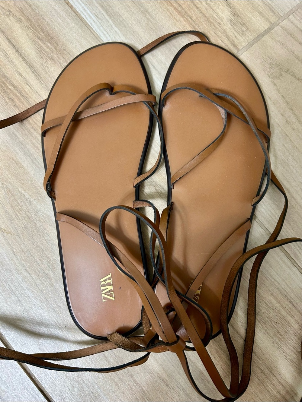 Zara Tan Lace-Up tied Strappy Flat Sandals